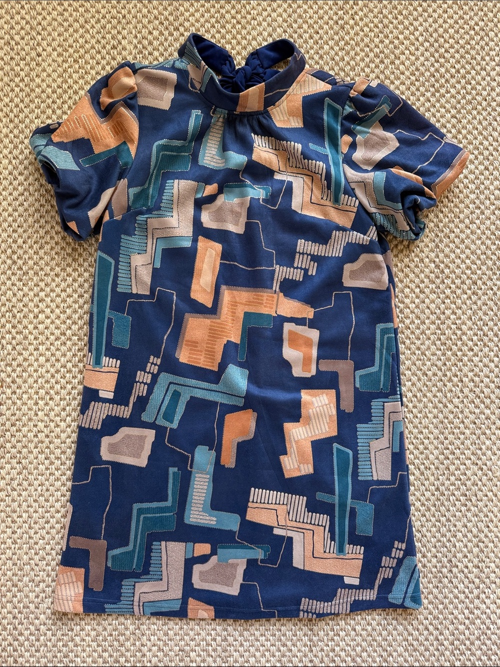 Navy Geometric faux suede Print Dress